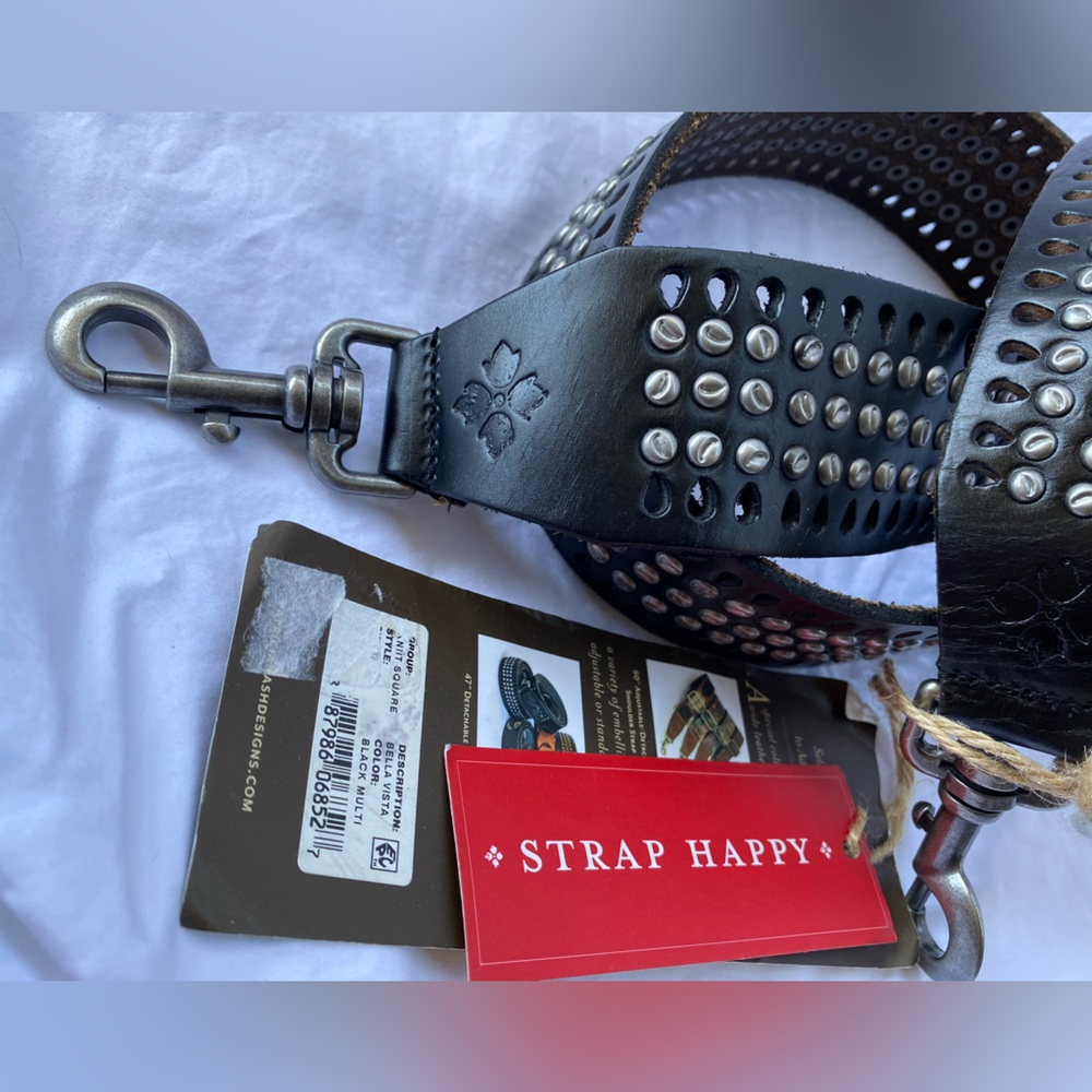 NWT- PATRICIA NASH Strap Happy Black Studded Leather Guitar/Bag Strap 2" W x 47"